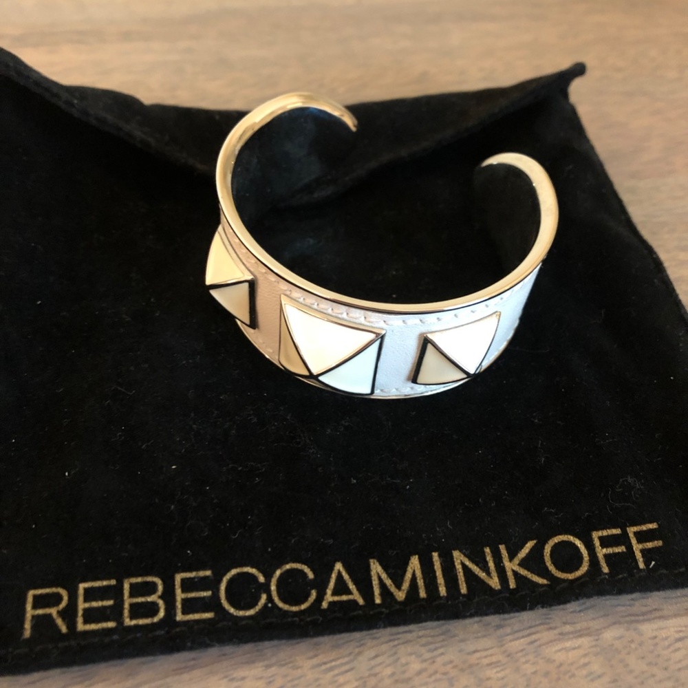 White Enamel Studded Leather Cuff Bracelet